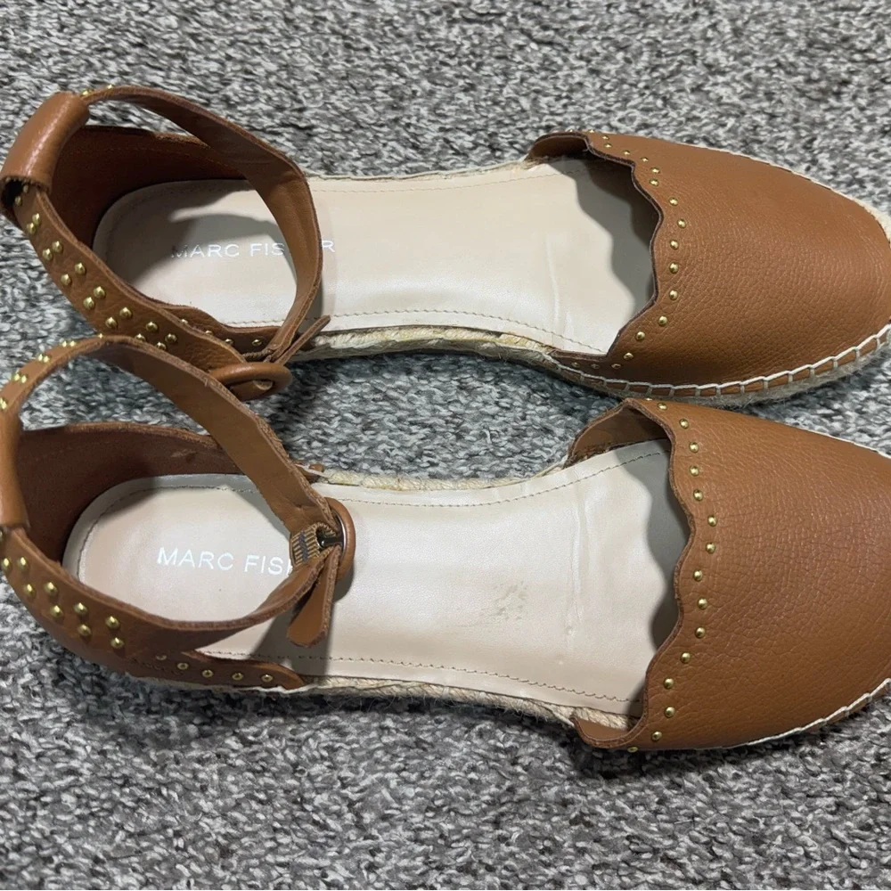 Marc Fisher Jarquis Espadrille Sandals Tan Studded Ankle Strap Size 8.5 Leather - Picture 3 of 14